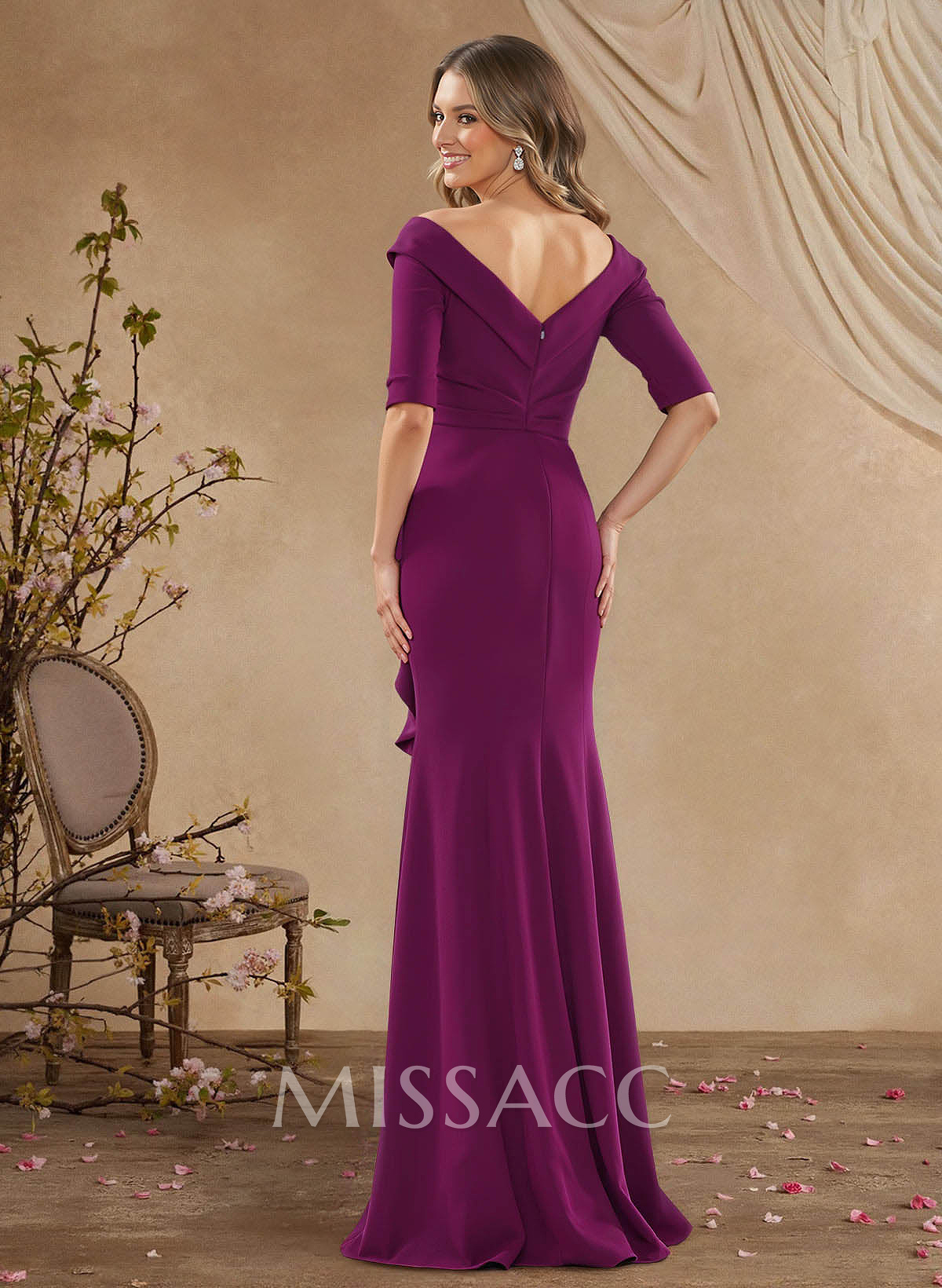 Elegant Off-The-Shoulder 1/2 Sleeves Mermaid Floor-Length Elastic Satin Mother Of The Bride Dresses With Ruffle
