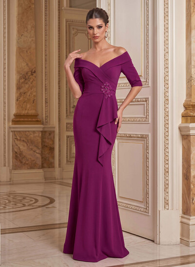 Elegant Off-The-Shoulder 1/2 Sleeves Mermaid Floor-Length Elastic Satin Mother Of The Bride Dresses With Ruffle