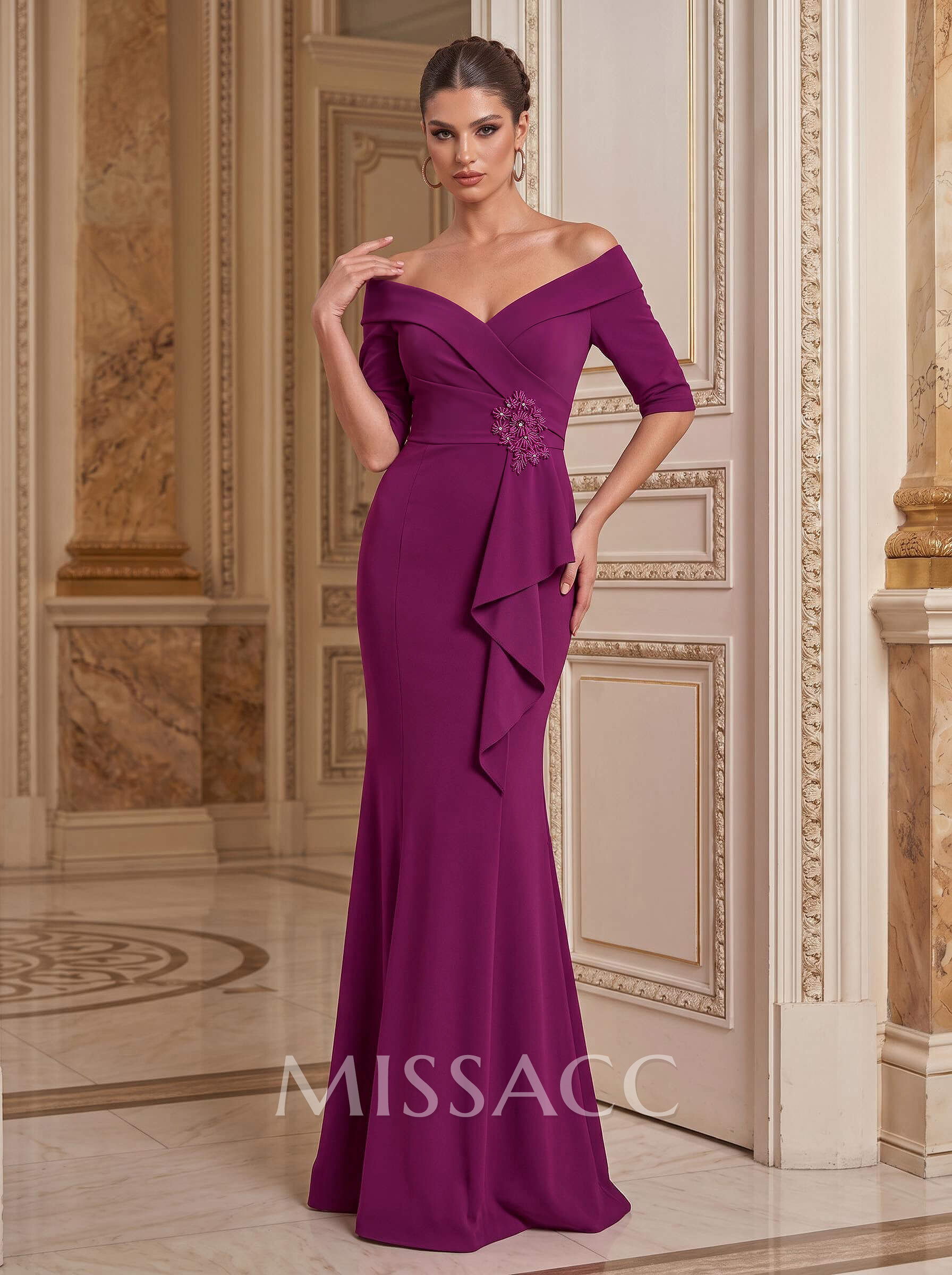 Elegant Off-The-Shoulder 1/2 Sleeves Mermaid Floor-Length Elastic Satin Mother Of The Bride Dresses With Ruffle
