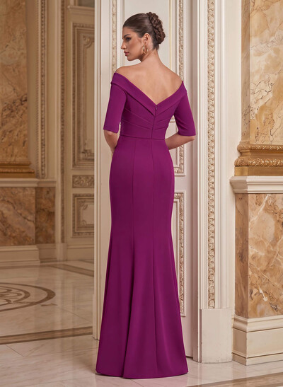 Elegant Off-The-Shoulder 1/2 Sleeves Mermaid Floor-Length Elastic Satin Mother Of The Bride Dresses With Ruffle