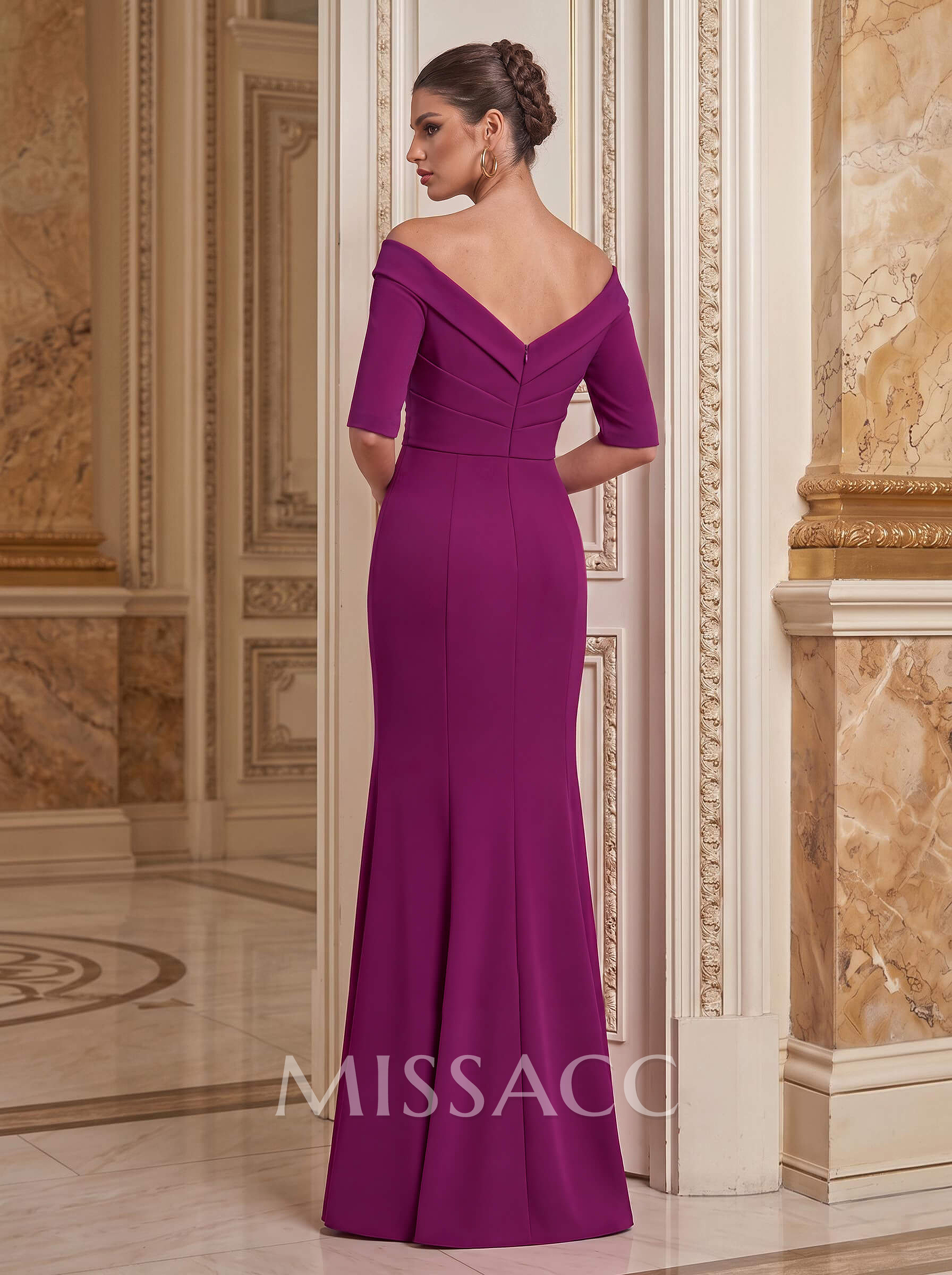 Elegant Off-The-Shoulder 1/2 Sleeves Mermaid Floor-Length Elastic Satin Mother Of The Bride Dresses With Ruffle