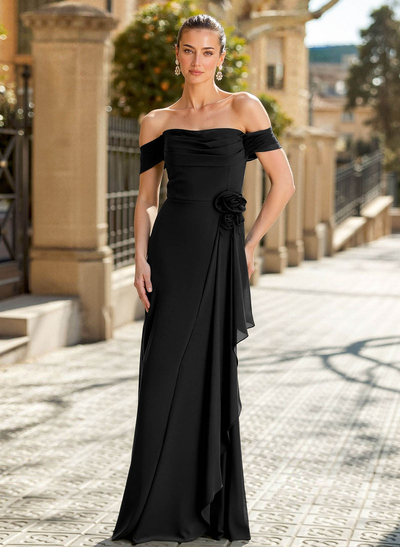 Elegant Off-The-Shoulder Sleeveless Floor-Length Chiffon Mother Of The Bride Dresses With Ruffle/Flower(s)