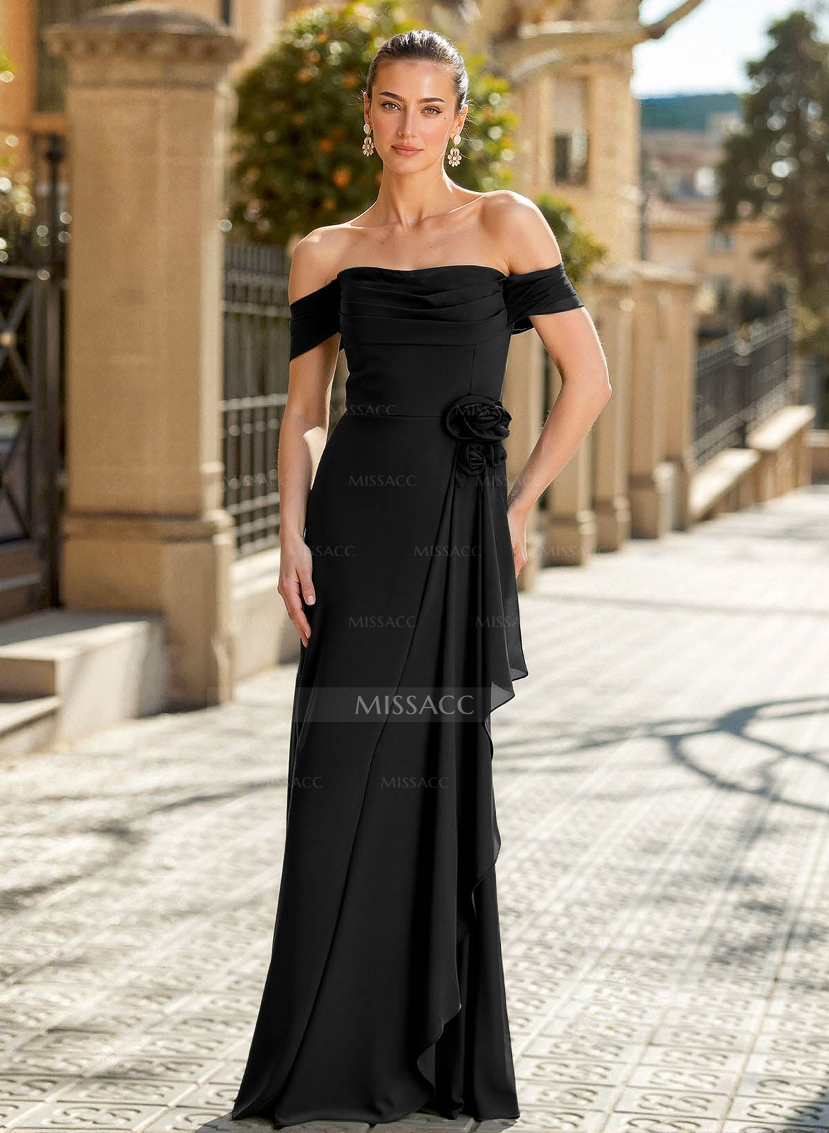 Elegant Off-The-Shoulder Sleeveless Floor-Length Chiffon Mother Of The Bride Dresses With Ruffle/Flower(s)