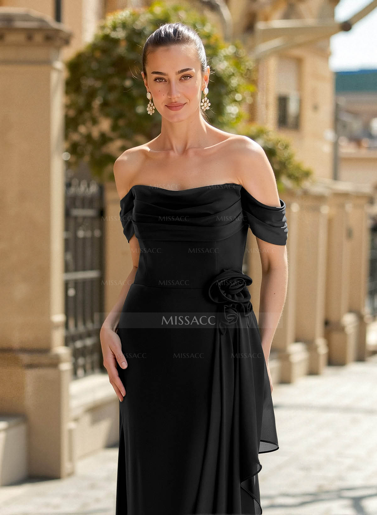 Elegant Off-The-Shoulder Sleeveless Floor-Length Chiffon Mother Of The Bride Dresses With Ruffle/Flower(s)