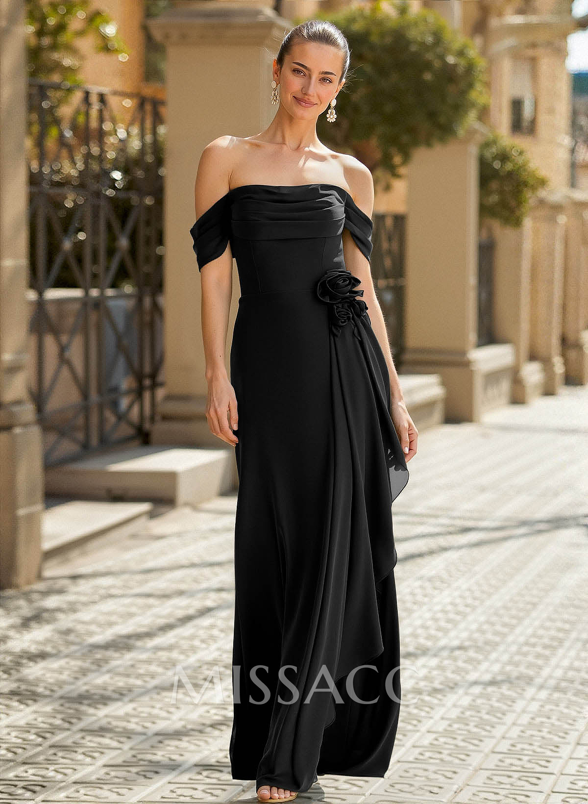 Elegant Off-The-Shoulder Sleeveless Floor-Length Chiffon Mother Of The Bride Dresses With Ruffle/Flower(s)