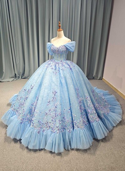 Ball-Gown Off-The-Shoulder Cape Sleeves Royal Prom Dresses With Sequins/Appliques Lace