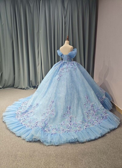 Ball-Gown Off-The-Shoulder Cape Sleeves Royal Prom Dresses With Sequins/Appliques Lace