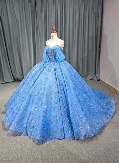 Ball-Gown Off-The-Shoulder Cape Sleeves Royal Prom Dresses With Sequins/Rhinestone