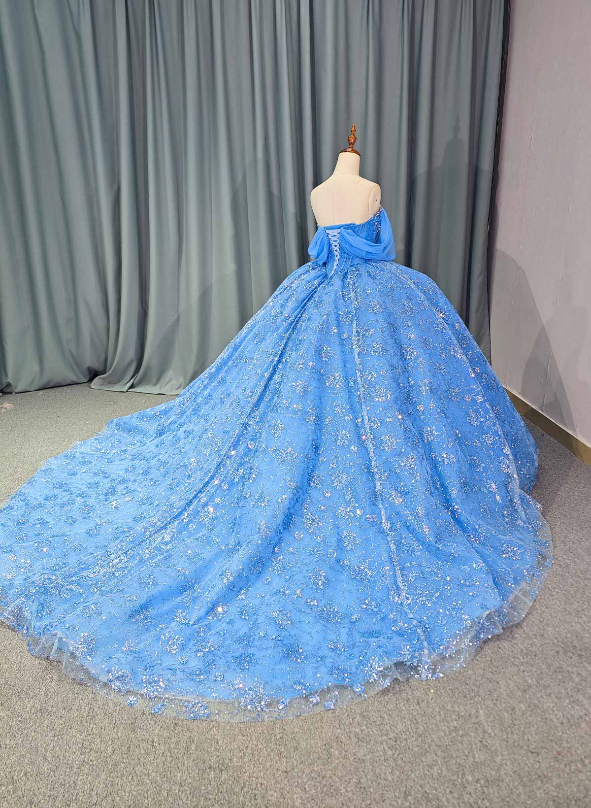 Ball-Gown Off-The-Shoulder Cape Sleeves Royal Prom Dresses With Sequins/Rhinestone