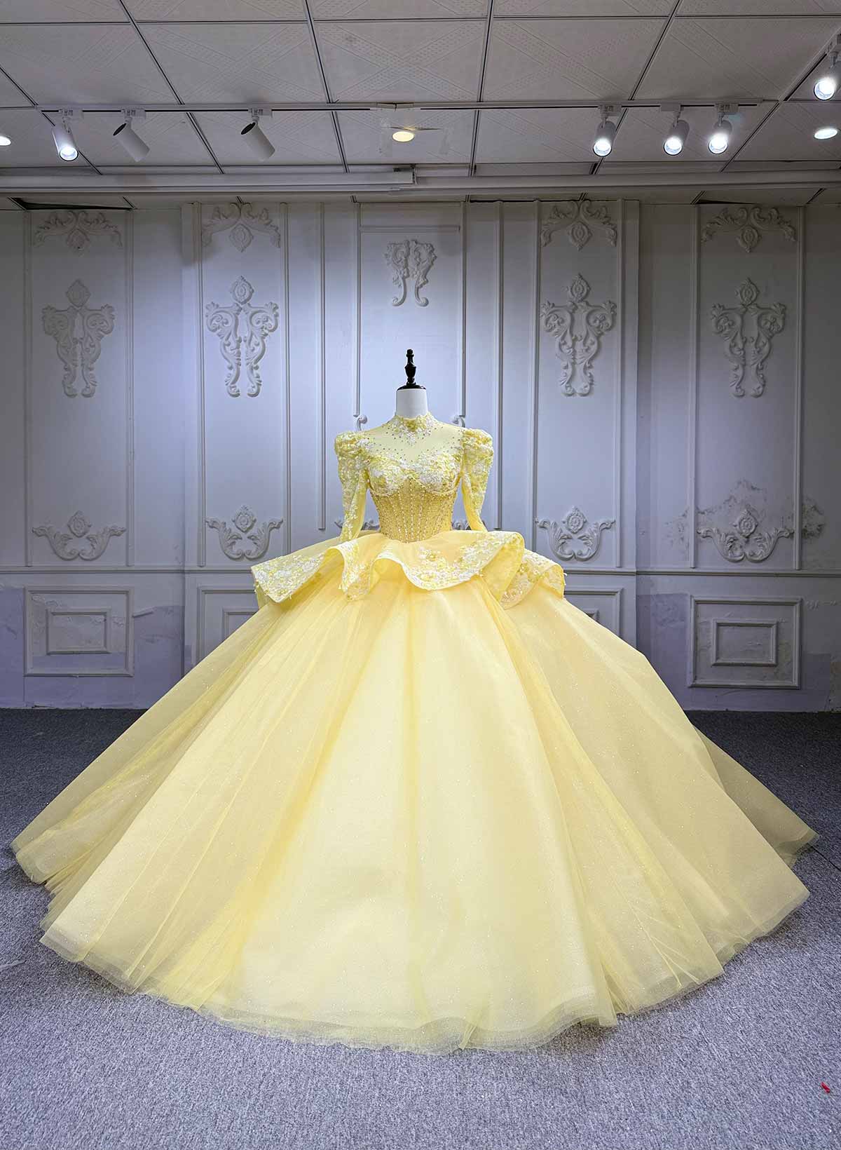 Ball-Gown High Neck 3/4 Sleeves Royal Prom Dresses With Beading/Appliques Lace