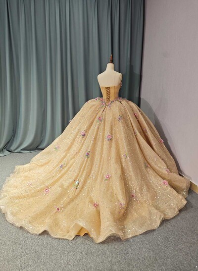 Ball-Gown Sweetheart Sleeveless Royal Prom Dresses With Sequins/Appliques Lace