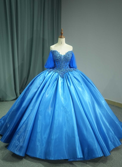 Ball-Gown Off-The-Shoulder Cape Sleeves Royal Prom Dresses With Beading