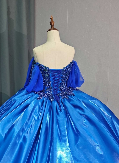 Ball-Gown Off-The-Shoulder Cape Sleeves Royal Prom Dresses With Beading