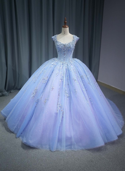 Ball-Gown V-Neck Cape Sleeves Royal Prom Dresses With Beading/Sequins/Flower(s)