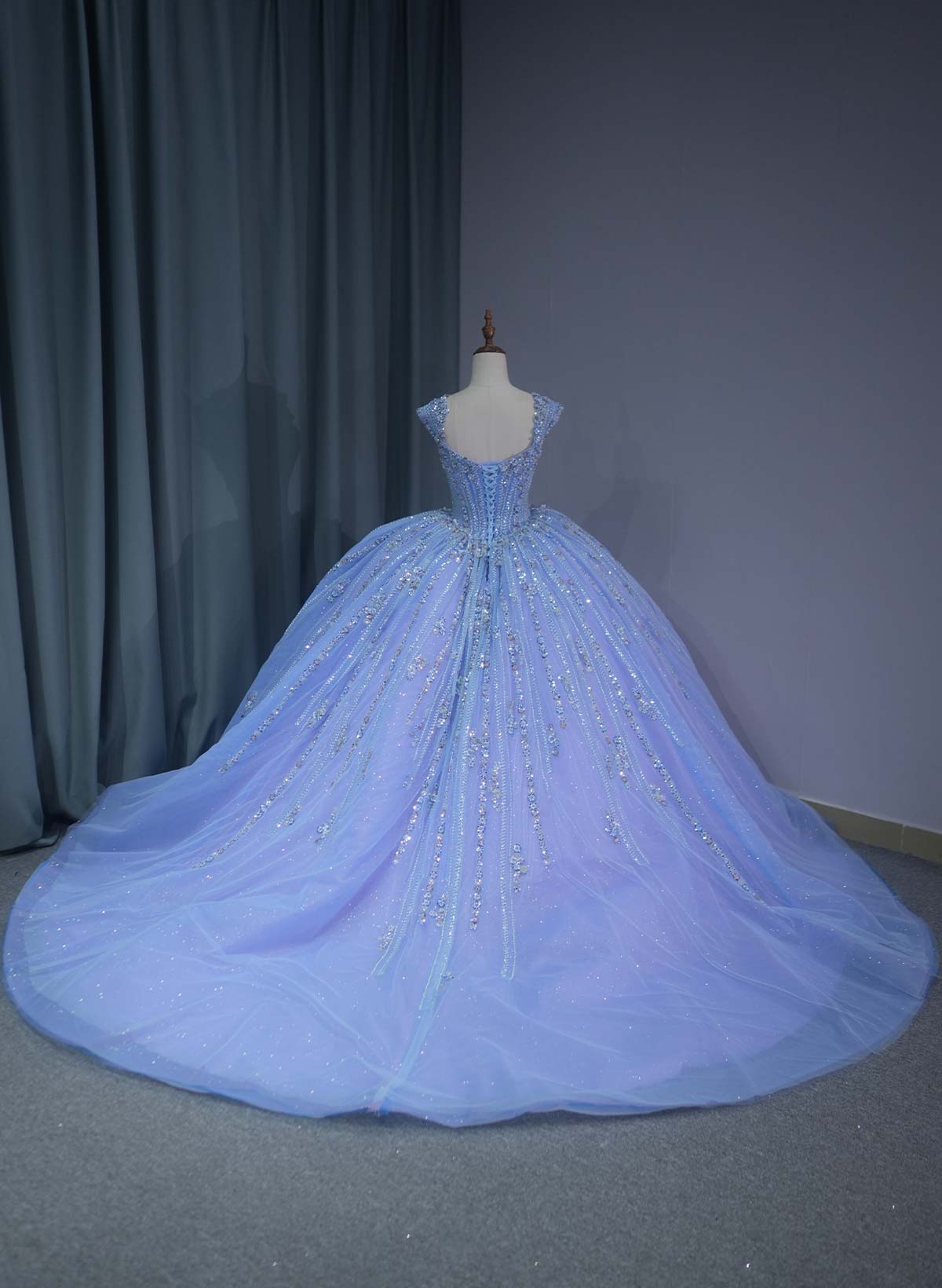 Ball-Gown V-Neck Cape Sleeves Royal Prom Dresses With Beading/Sequins/Flower(s)
