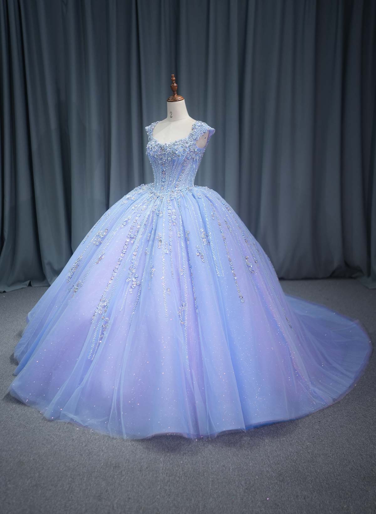 Ball-Gown V-Neck Cape Sleeves Royal Prom Dresses With Beading/Sequins/Flower(s)