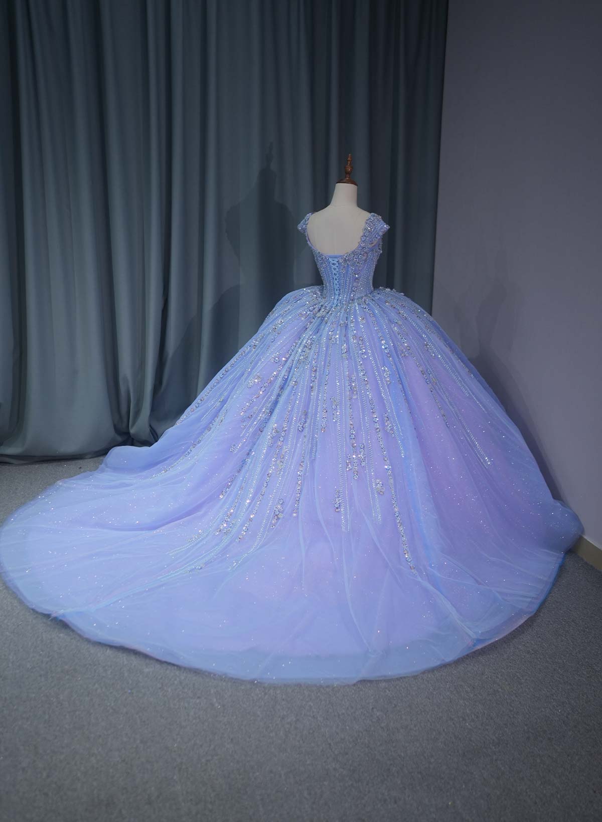 Ball-Gown V-Neck Cape Sleeves Royal Prom Dresses With Beading/Sequins/Flower(s)