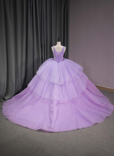 Ball-Gown V-Neck Sleeveless Royal Prom Dresses With Cascading Ruffles/Sequins