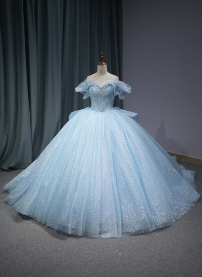 Ball-Gown Off-The-Shoulder Sleeveless Royal Prom Dresses With Beading/Sequins