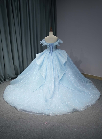 Ball-Gown Off-The-Shoulder Sleeveless Royal Prom Dresses With Beading/Sequins
