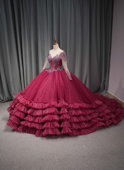 Ball-Gown Illusion Neck Long Sleeves Royal Prom Dresses With Cascading Ruffles/Beading/Sequins/Appliques Lace