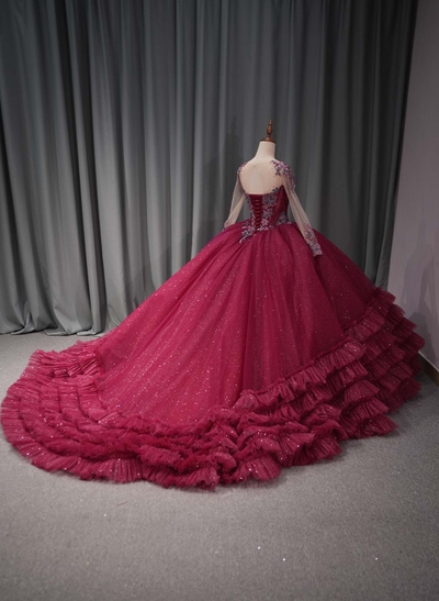 Ball-Gown Illusion Neck Long Sleeves Royal Prom Dresses With Cascading Ruffles/Beading/Sequins/Appliques Lace
