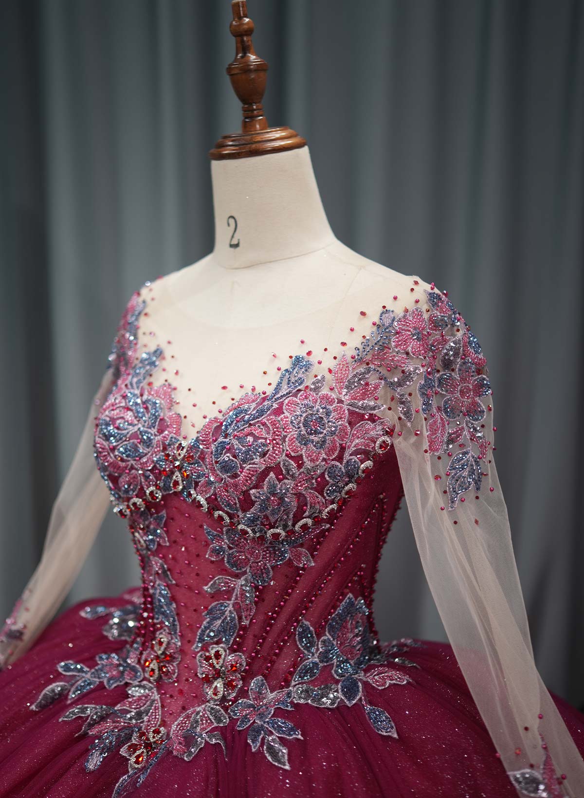 Ball-Gown Illusion Neck Long Sleeves Royal Prom Dresses With Cascading Ruffles/Beading/Sequins/Appliques Lace