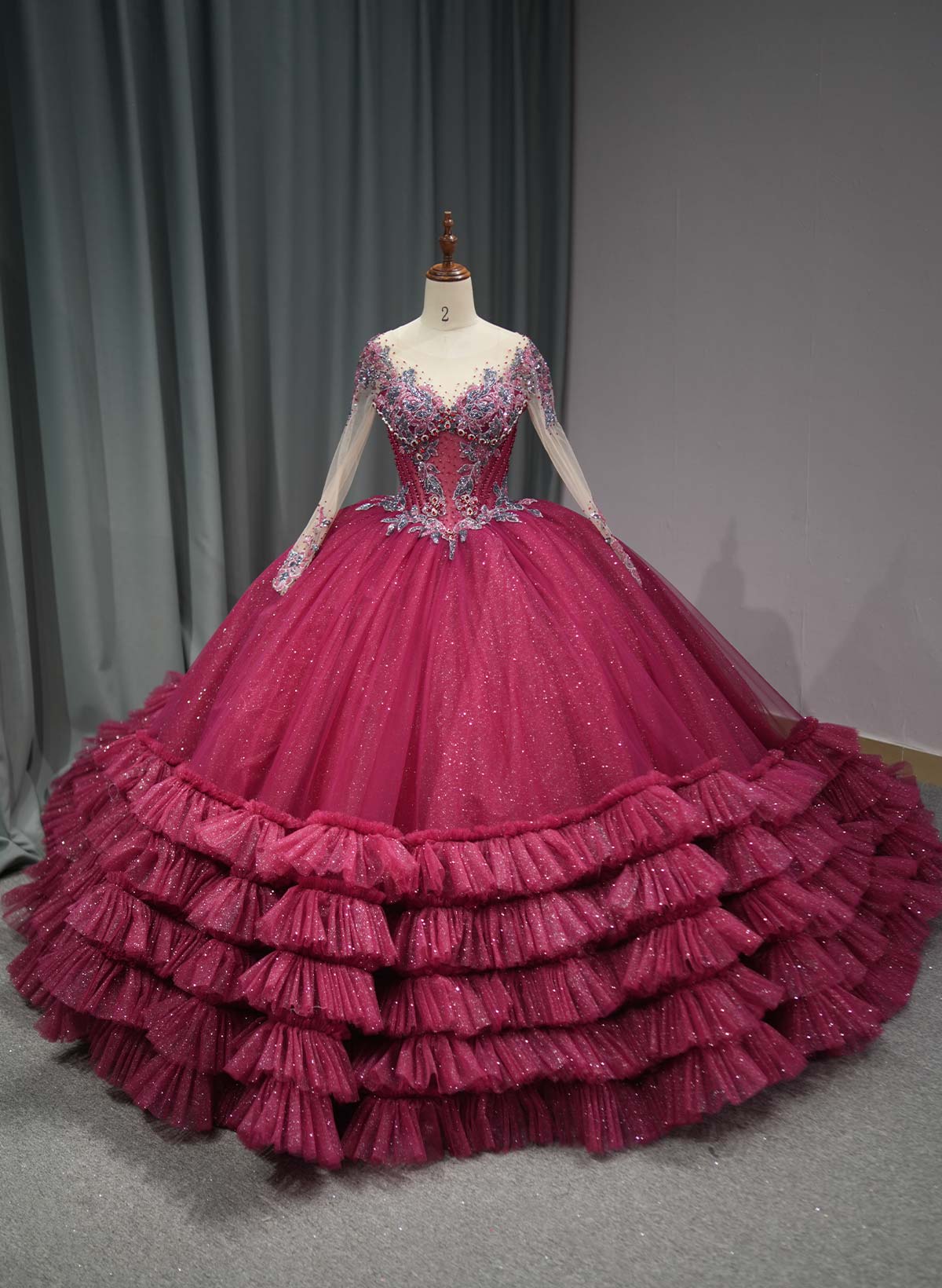 Ball-Gown Illusion Neck Long Sleeves Royal Prom Dresses With Cascading Ruffles/Beading/Sequins/Appliques Lace