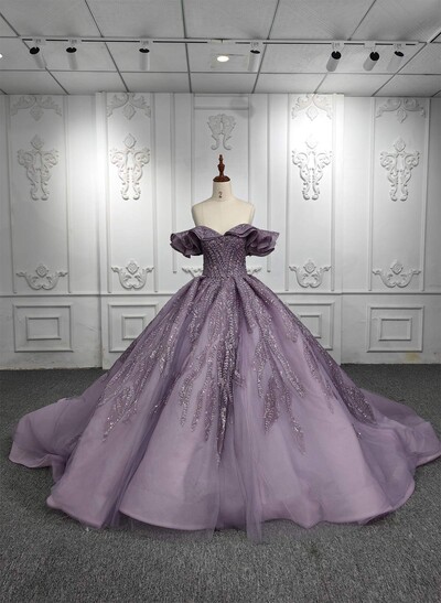 Luxury Off-The-Shoulder Ball-Gown Chapel Train Tulle Prom Dresses With Ruffle/Sequins
