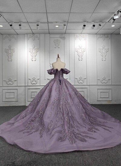 Luxury Off-The-Shoulder Ball-Gown Chapel Train Tulle Prom Dresses With Ruffle/Sequins