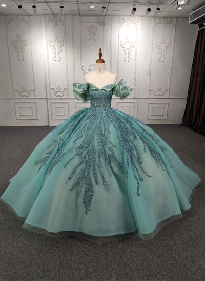Luxury Off-The-Shoulder Ball-Gown Chapel Train Tulle Prom Dresses With Ruffle/Sequins