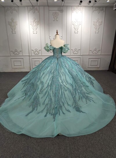 Luxury Off-The-Shoulder Ball-Gown Chapel Train Tulle Prom Dresses With Ruffle/Sequins