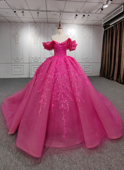 Luxury Off-The-Shoulder Ball-Gown Chapel Train Tulle Prom Dresses With Ruffle/Sequins