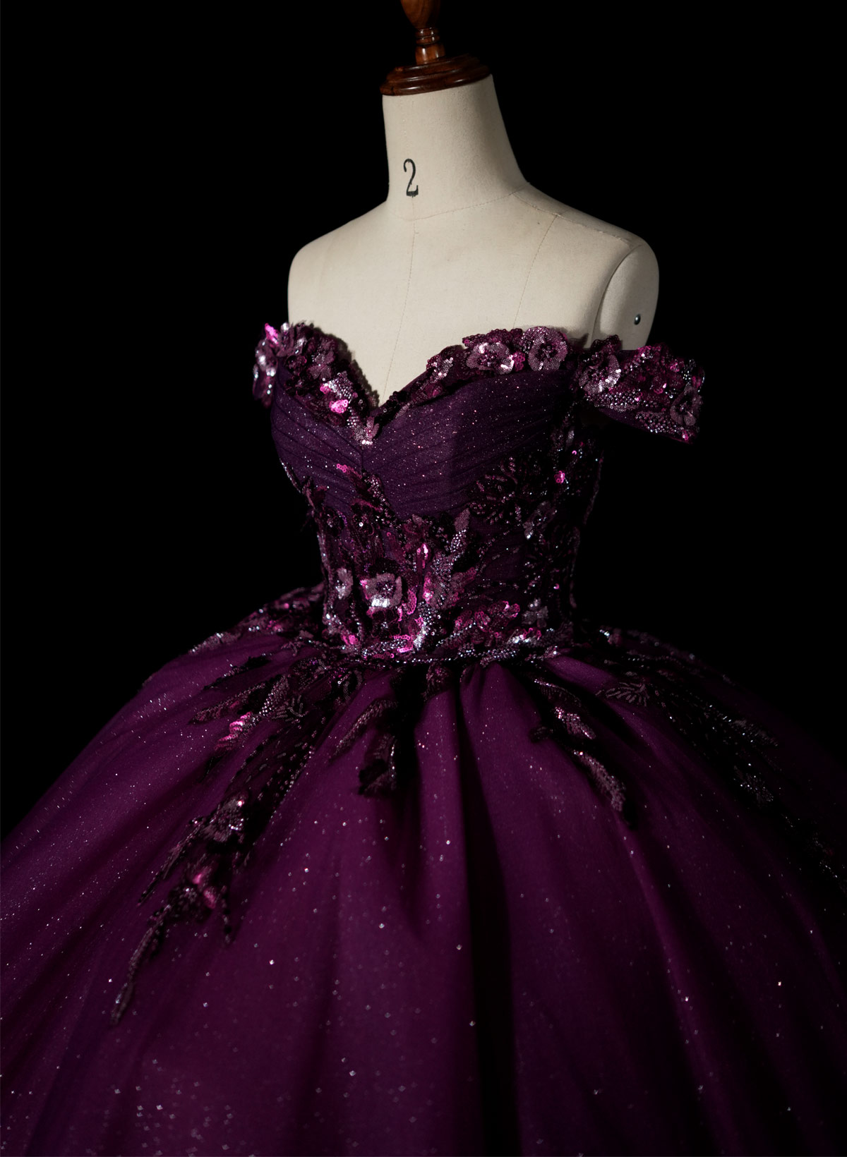 Sparkle & Shine Off-The-Shoulder Ball-Gown Chapel Train Tulle Prom Dresses With Sequins/Flower(s)