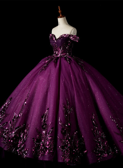 Sparkle & Shine Off-The-Shoulder Ball-Gown Chapel Train Tulle Prom Dresses With Sequins/Flower(s)