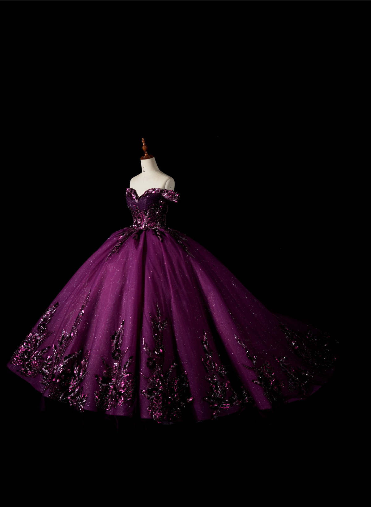 Sparkle & Shine Off-The-Shoulder Ball-Gown Chapel Train Tulle Prom Dresses With Sequins/Flower(s)