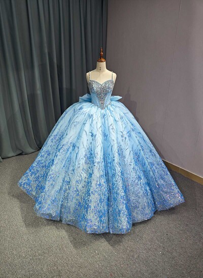 Ball-Gown V-Neck Royal Prom Dresses With Bow(s)/Sequins/Rhinestone