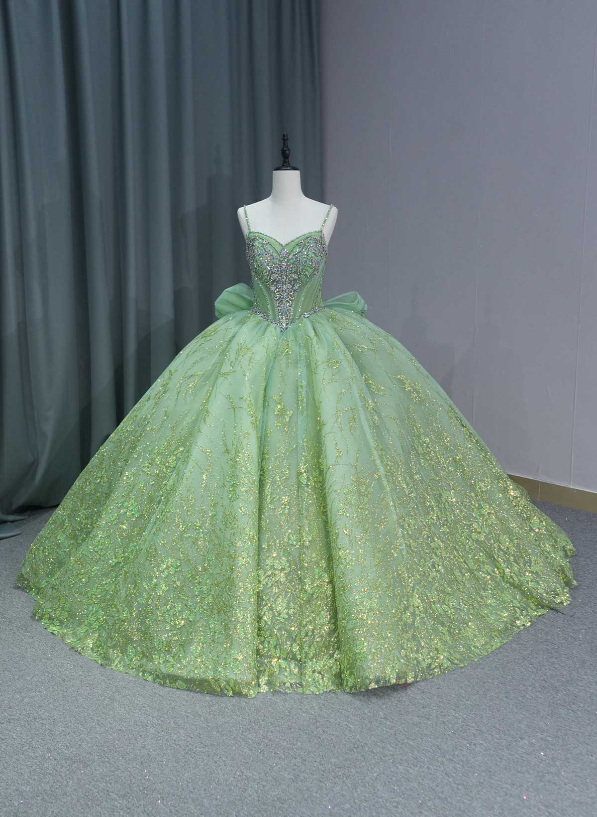 Ball-Gown V-Neck Royal Prom Dresses With Bow(s)/Sequins/Rhinestone