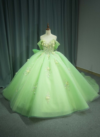 Ball-Gown Sweetheart Cape Sleeves Royal Prom Dresses With Bow(s)/Sequins/Appliques Lace