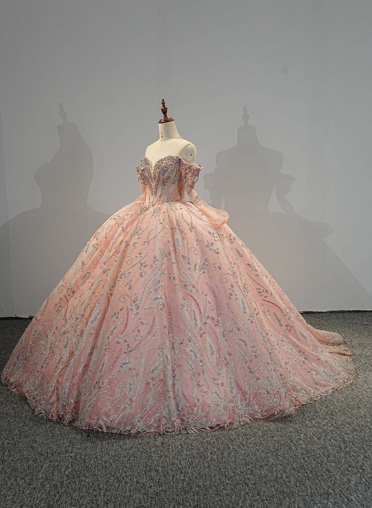 Ball-Gown Off-The-Shoulder 3/4 Sleeves Royal Prom Dresses With Sequins/Rhinestone