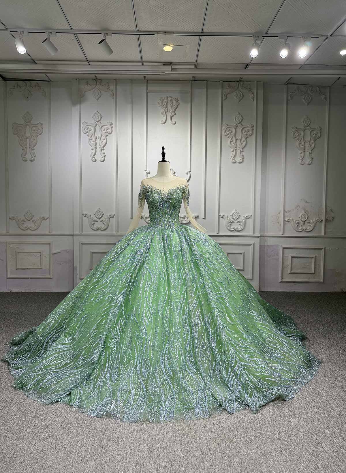 Ball-Gown Illusion Neck Long Sleeves Royal Prom Dresses With Beading/Sequins