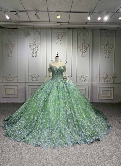 Ball-Gown Illusion Neck Long Sleeves Royal Prom Dresses With Beading/Sequins