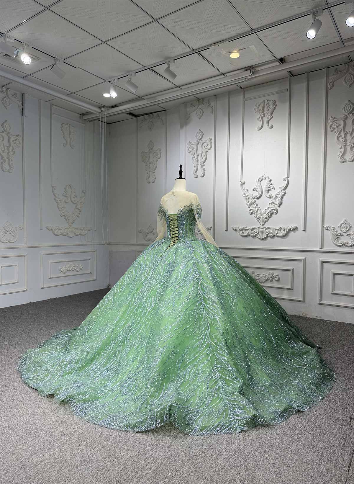 Ball-Gown Illusion Neck Long Sleeves Royal Prom Dresses With Beading/Sequins