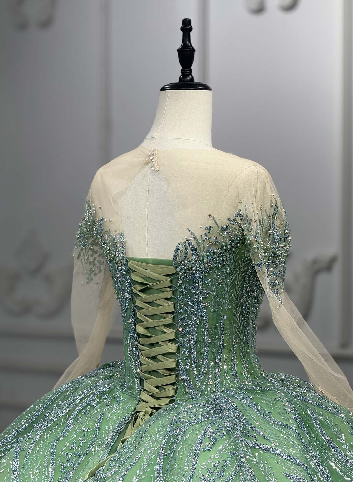 Ball-Gown Illusion Neck Long Sleeves Royal Prom Dresses With Beading/Sequins