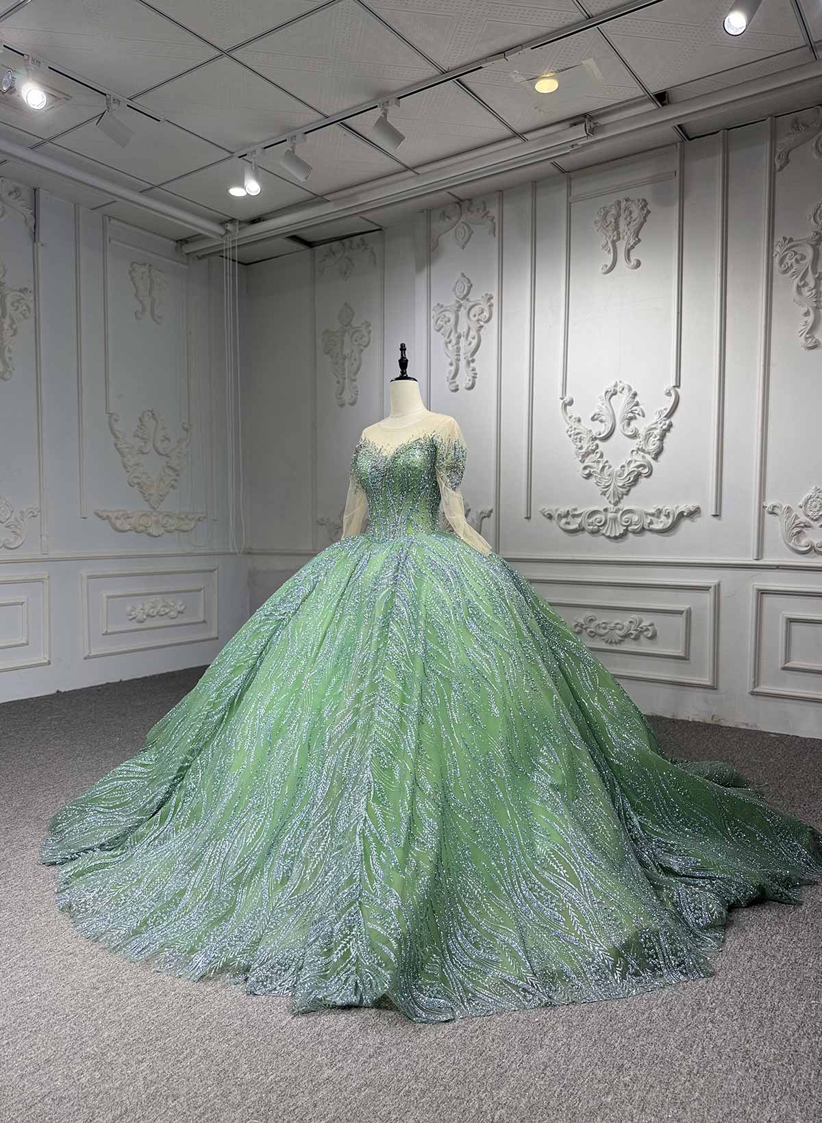 Ball-Gown Illusion Neck Long Sleeves Royal Prom Dresses With Beading/Sequins