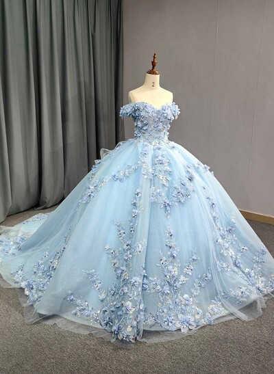 Ball-Gown Off-The-Shoulder Royal Prom Dresses With Appliques Lace/Flower(s)