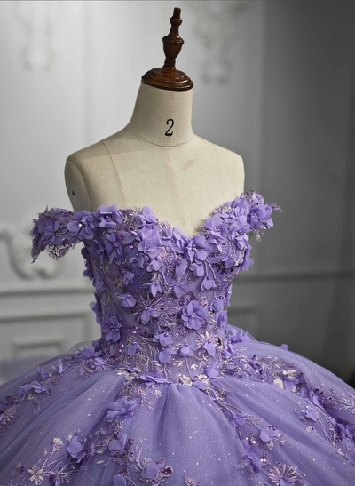 Ball-Gown Off-The-Shoulder Royal Prom Dresses With Beading/Appliques Lace/Flower(s)