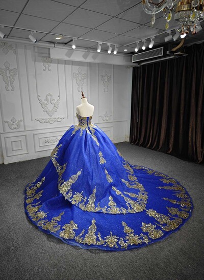 Ball-Gown Sweetheart Sleeveless Royal Prom Dresses With Sequins/Appliques Lace