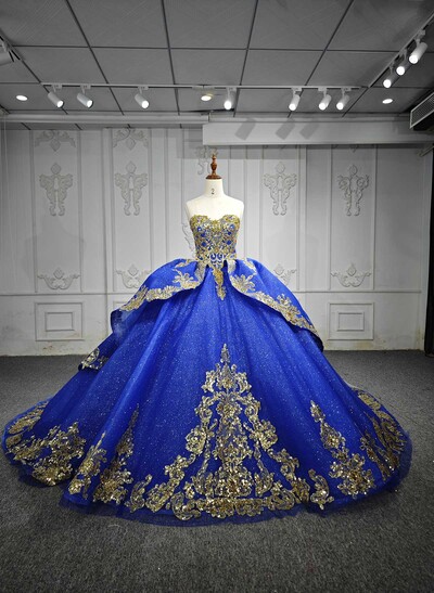 Ball-Gown Sweetheart Sleeveless Royal Prom Dresses With Sequins/Appliques Lace