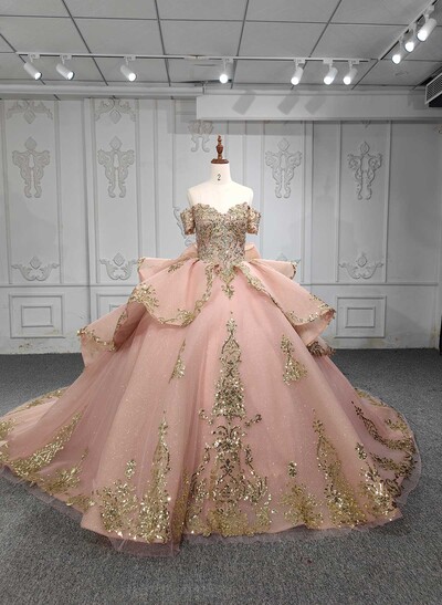 Ball-Gown Off-The-Shoulder Royal Prom Dresses With Bow(s)/Sequins/Appliques Lace